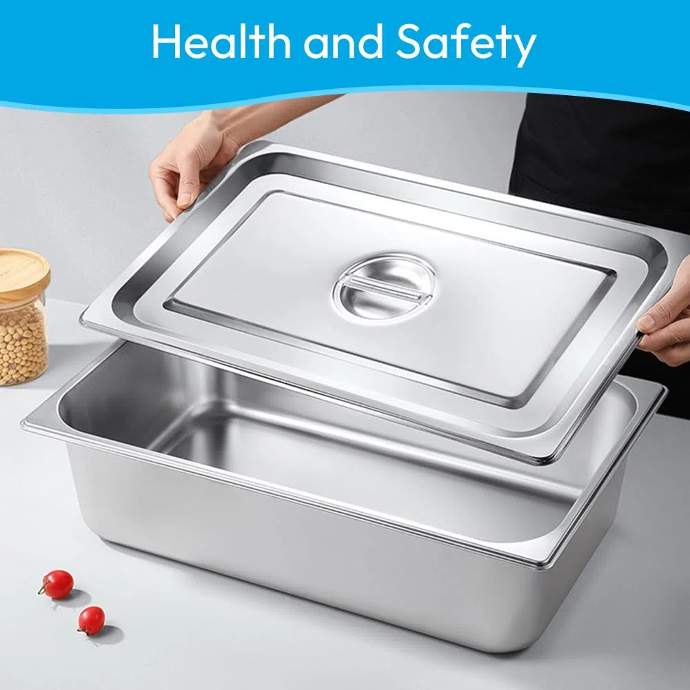 Set di 3 ciotole GN 1/3 in acciaio inox con coperchio, 32,5 x 17,5 x 6,5 cm, per alimenti caldi e freddi, padella buffet catering, facile da pulire