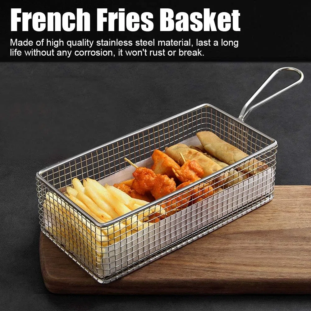 HERCHR Cestello per Alimenti Fritti, Rettangolo in acciaio inossidabile Patatine fritte Cesto per alimenti, Cestello Profondo per Frittura, Cesti per Servire con Manico per Ristorante di Famiglia