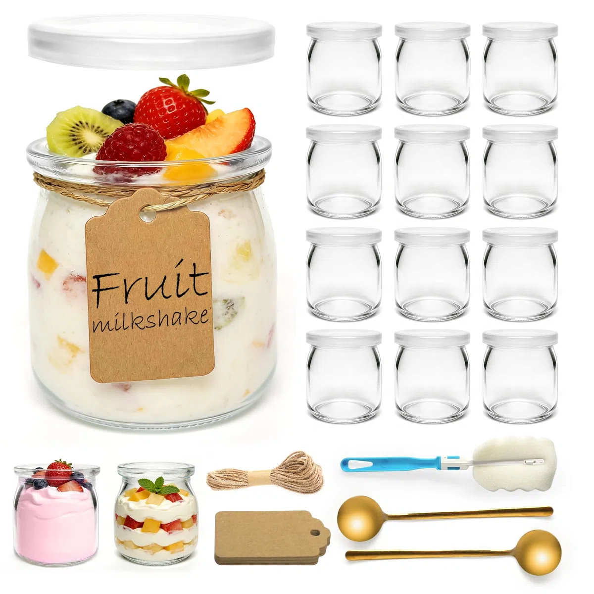 12 bicchieri da dessert trasparenti, da 200 ml, con coperchio per gelatina, mousse, cereali, dessert, budino, lavastoviglie, congelatore e microonde