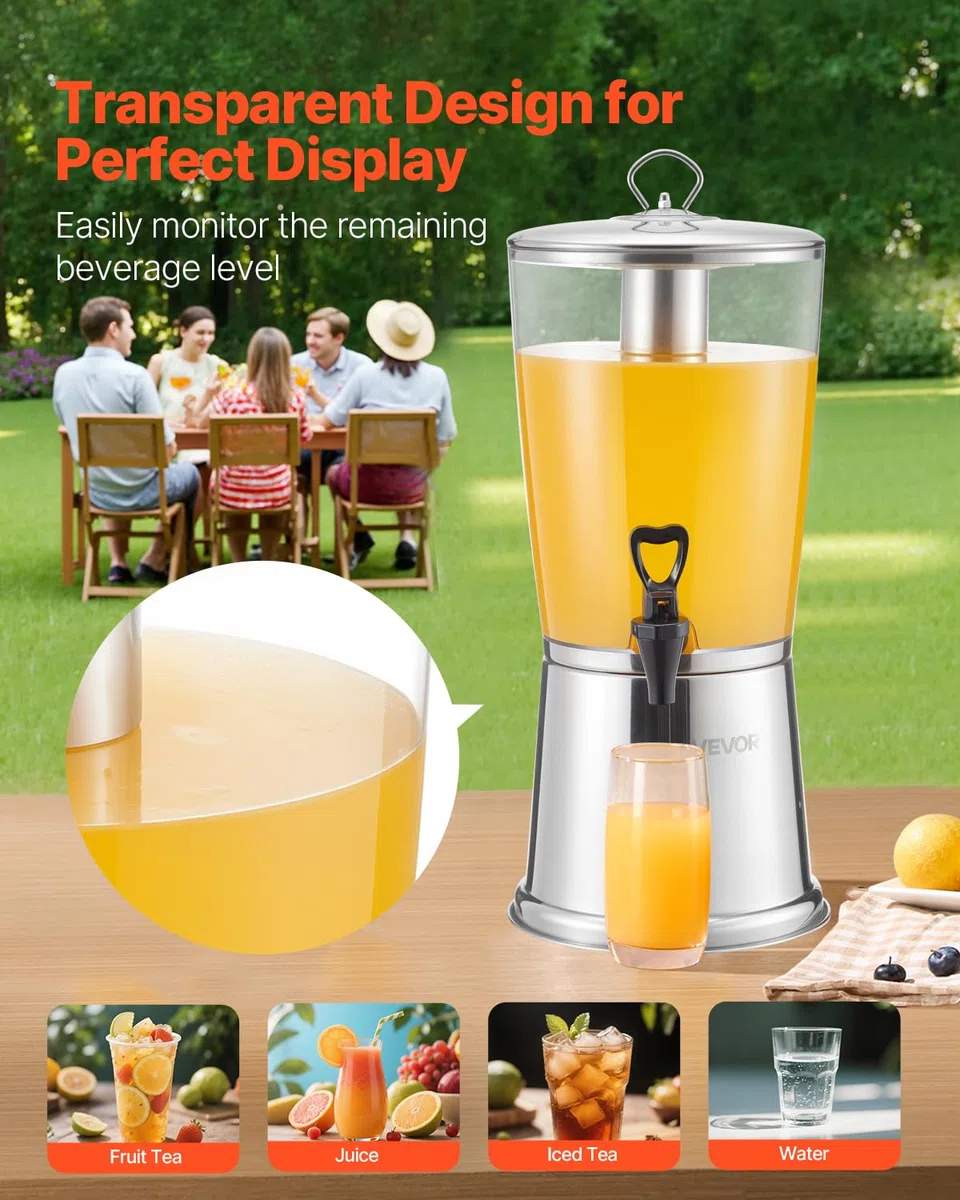 VEVOR Distributore di Bevande, 8 L per Feste, Contenitore di Succhi in Acciaio Inox e Plastica con Rubinetto per Camera del Ghiaccio, Distributore di Tè, Limonata, Succo d'Acqua, per Ristoranti