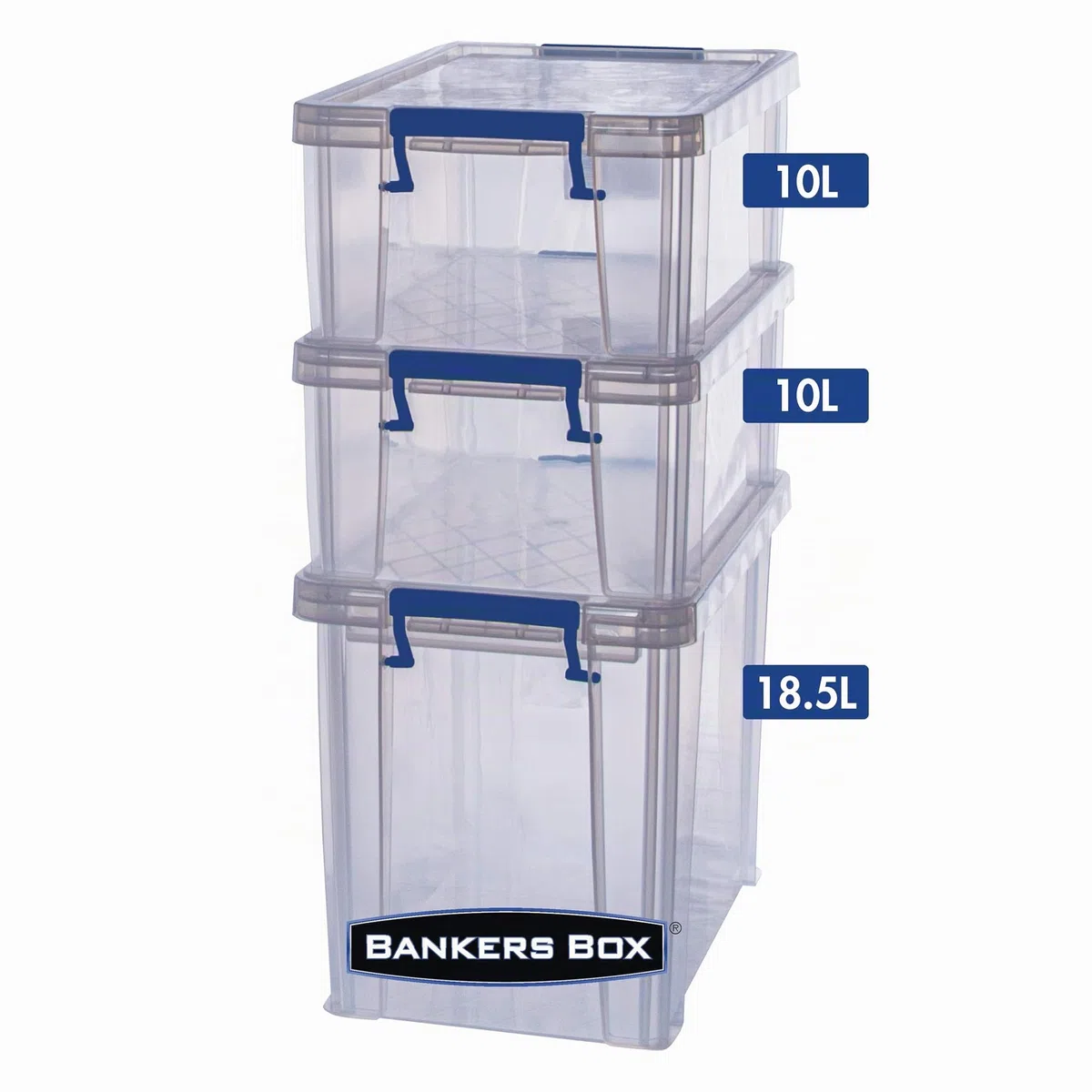 Bankers Box Prostore scatola porta oggetti in plastica con coperchio, 18,5 litri, impilabile, scatole per armadio super resistenti, dimensioni 28x32x20 cm, contenitori plastica trasparente, 1 unità