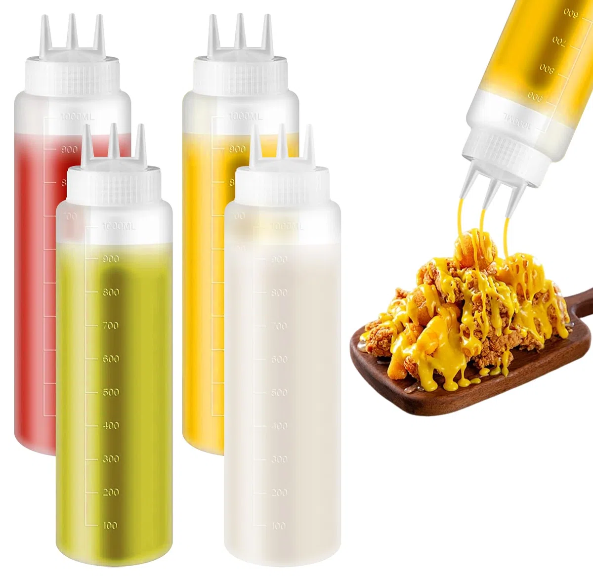 4 bottiglie da spremere con 3 beccucci, dispenser per salse da 24 oz con torsione sul coperchio, in plastica, per ketchup, maionese, senape, sciroppo di olio d'oliva