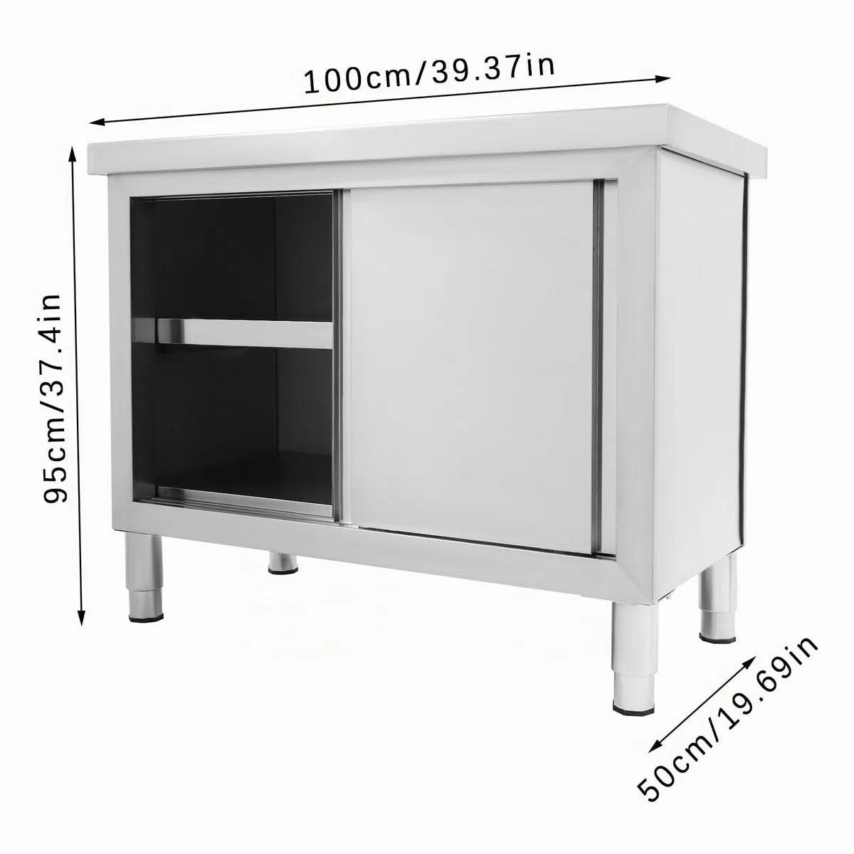 Armadio da tavolo in acciaio inox con ante scorrevoli, 100 x 50 x 95 cm, piano di lavoro in acciaio inox, con spazio per cucine, garage, giardini, bar, ristoranti