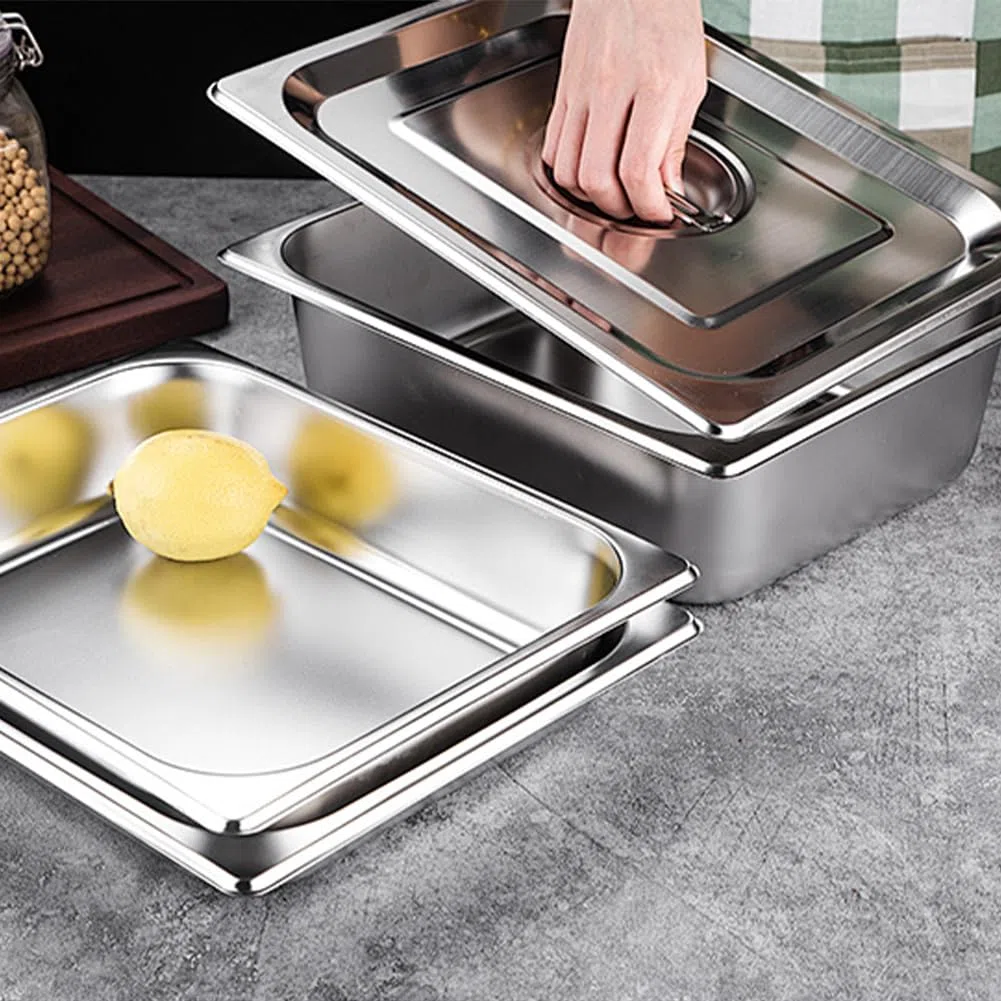 FARYODI Set di 3 vaschette per il paniering, contenitore in acciaio inox con coperchio, contenitore con coperchio, contenitore per alimenti, utilizzabile per impanare (32,5 x 17,5 x 6,5 cm)