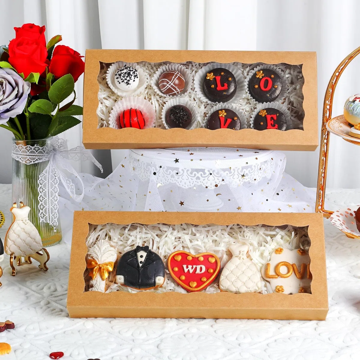 15 scatole bianche da forno con finestra per biscotti, cioccolato, tartufo, macaron, tortine, browines e dolcetti, per Natale, San Valentino, Pasqua, festa della mamma, 30,5 x 12,8 cm