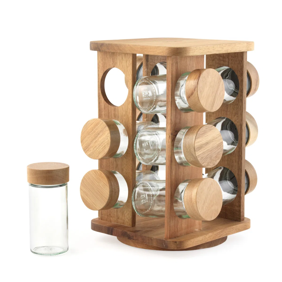 Salter Toronto Rotating Spice Rack – 12 Barattoli di Vetro Compatti Ricaricabili Inc. Etichette per Spezie, Coperchio a Vite, Legno di Acacia FSC e Coperchi a Vite, Freschezza Duratura, Base Girevole
