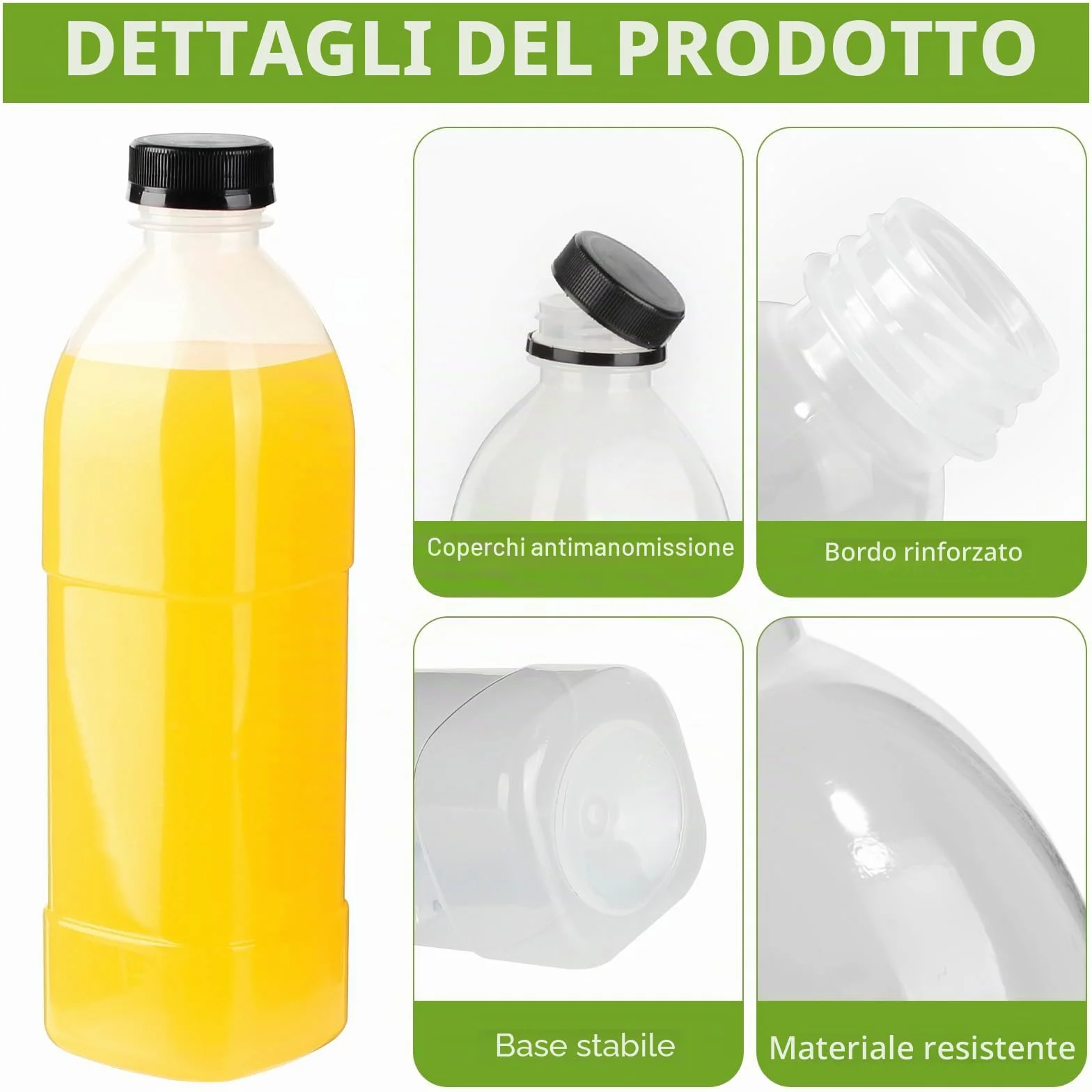 Confezione da 4 bottiglie in plastica per succhi di frutta da 1000 ml con coperchi (lavabili in lavastoviglie), bottiglia riutilizzabile in PP resistente al calore, bottiglia vuota in plastica