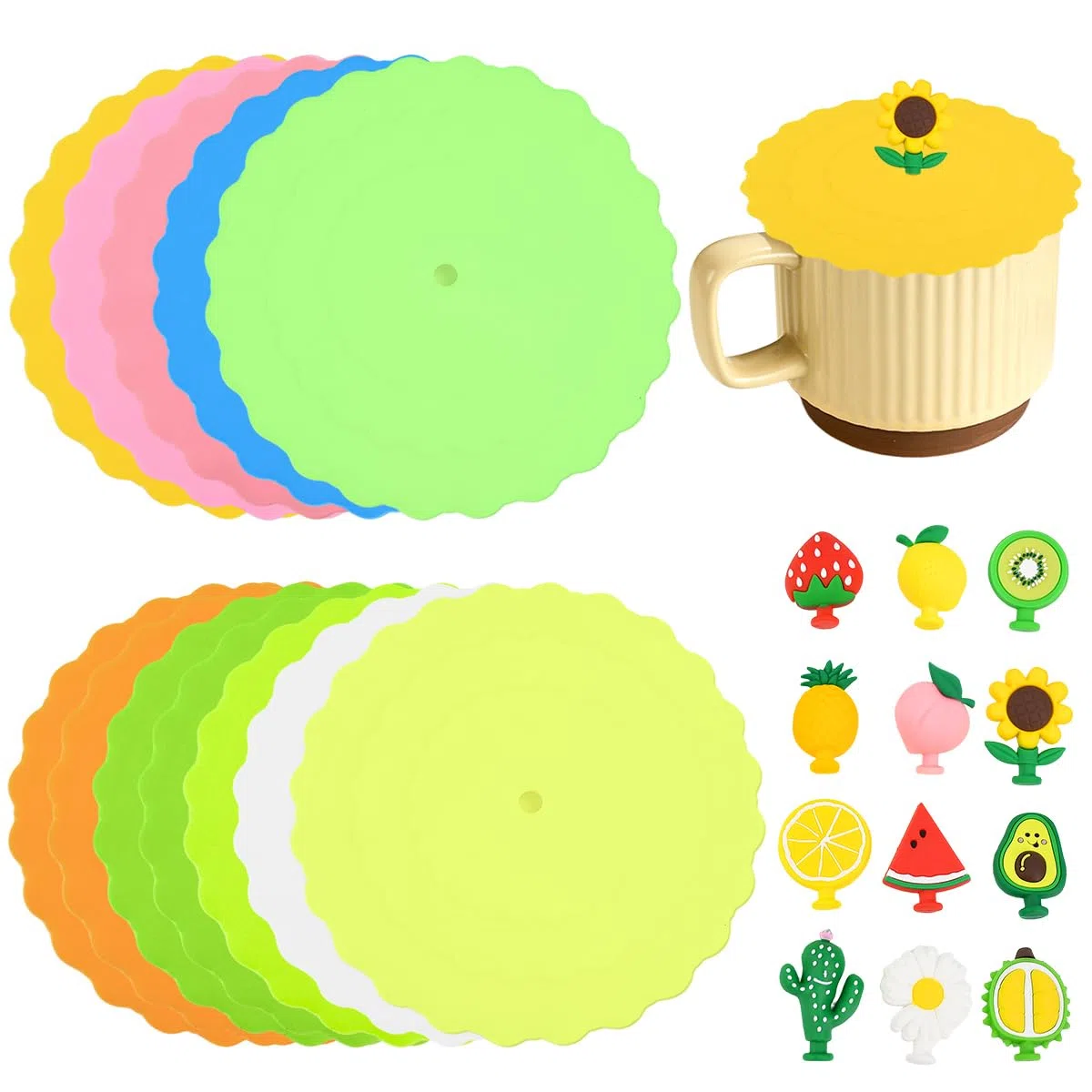 12 Pz Coperchi per Tazze in Silicone,Coperchi Colorati in Silicone per Bicchieri con Manico, Riutilizzabili e Antipolvere,Coperchio per Caffè, Boccale di Birra, Tazza (Frutta)
