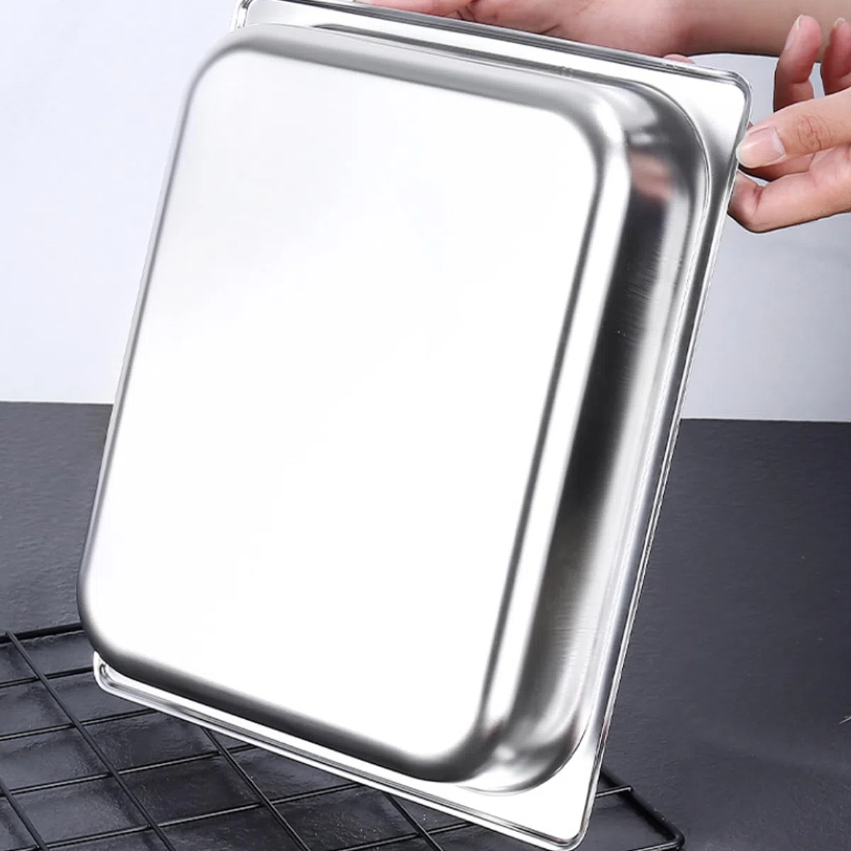 Set di 3 vaschette da paniera: 32,5 x 17,5 x 6,5 cm, contenitore rettangolare in metallo con coperchio in acciaio inox GN 1/3, ciotola in acciaio inox rettangolare, ciotola per impanare pesce, carne e