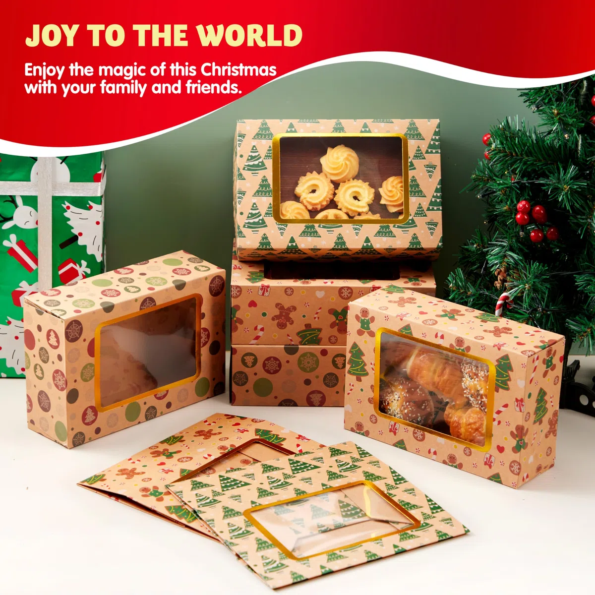 JOYIN 24 pezzi sventati cassette di biscotti natalizi con finestra 8.75 "x 5,6" x 2,75 ", tratta scatole per ciambella e biscotti, scatole da forno a kraft marrone, scatola da forno regalo