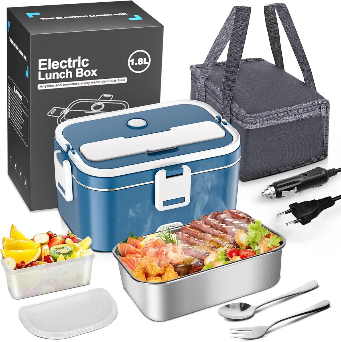 Anykuu Scaldavivande Elettrico Portatile 1.8L 100W, Porta Pranzo Termico 3 in 1(12V/24V/240V), Lunch Box Riscaldabile con Contenitore in Acciaio Inox Rimovibile e Borsa per Auto Camion Ufficio