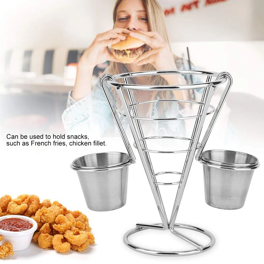Tyenaza Supporto per Patatine Fritte, Cono Snack Fritto di Pollo Espositore Rack Fritture Alimenti Supporto Fry Chip Cestello in Metallo (Doppia Tazza)
