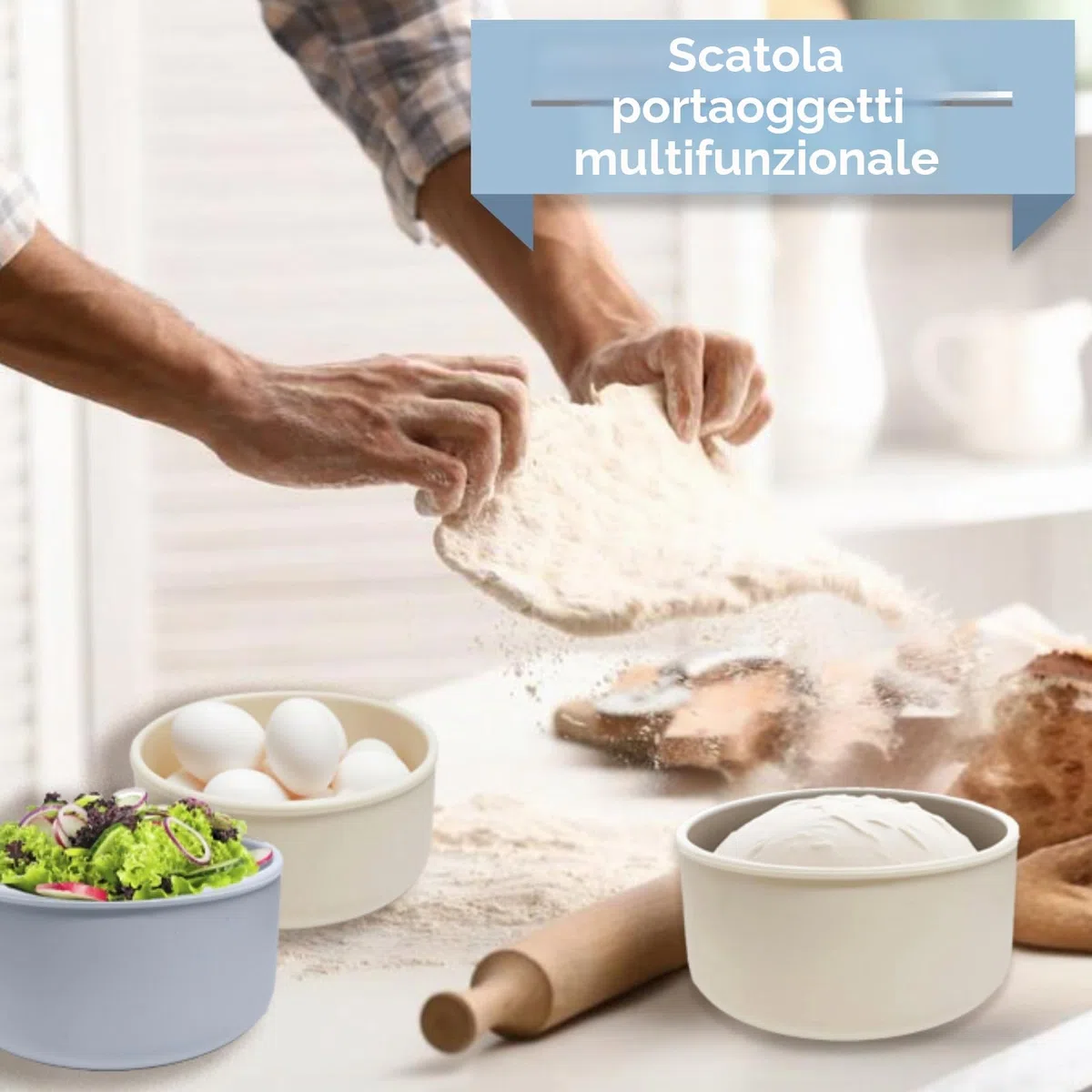 4 scatole per pizza con una capacità di 350 g, impasto per pizza con coperchio in beige e grigio blu