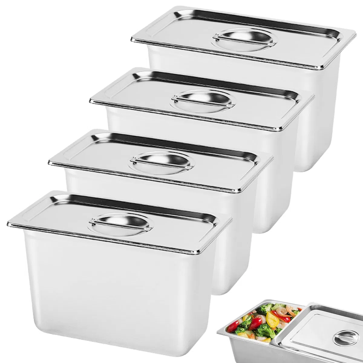 Gastro Contenitore con coperchio: set da 4 pezzi, spessore 0,8 mm, elettrolitico, in acciaio inox, 176 x 108 x 100 mm, impilabile, contenitore con coperchio, per cucina e buffet