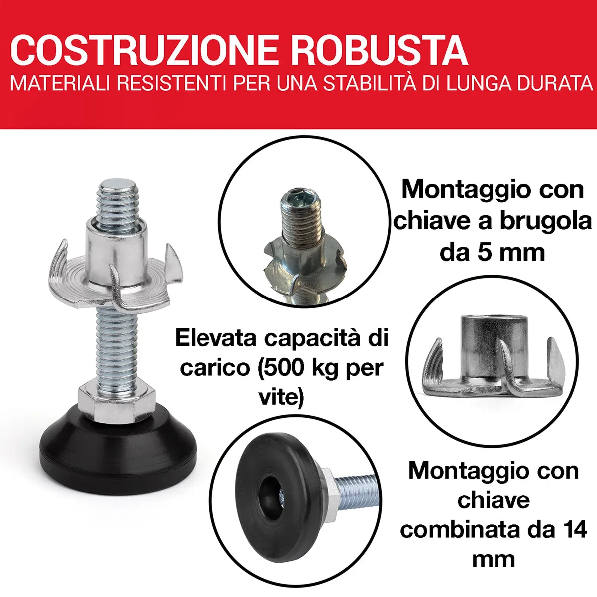LouMaxx Piedini di Regolazione M10 x 40 mm Con Dado di Impatto, Set da 10 Pezzi, Vite di Regolazione, Piedini Regolabili in Altezza M10 x 40 mm