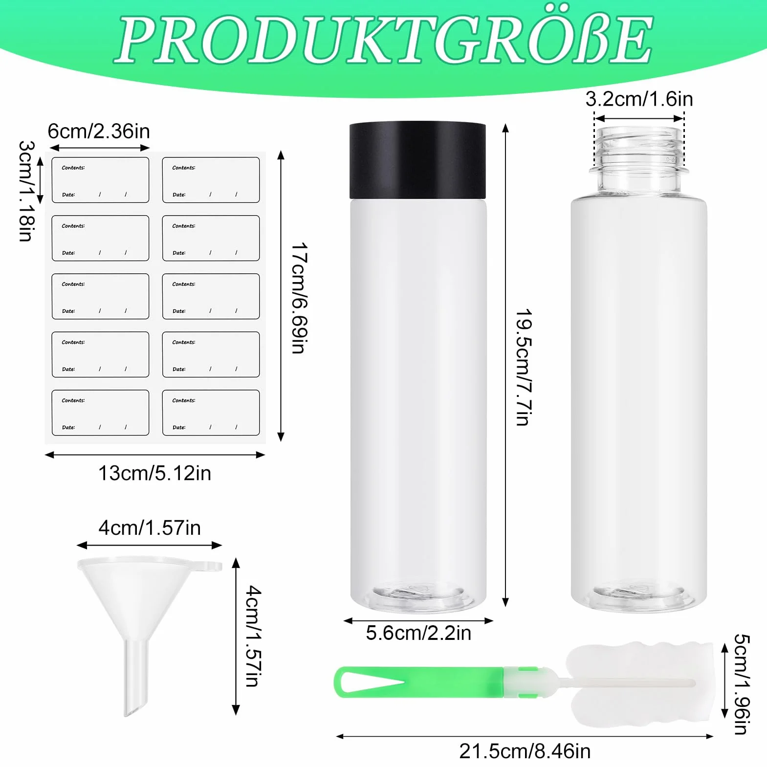 Lvefyti 6 bottiglie per smoothie da 400 ml, riutilizzabili, vuote per il riempimento, bottiglie di plastica con coperchio, adesivo imbuto, spazzola per la pulizia del succo, latte, frappè