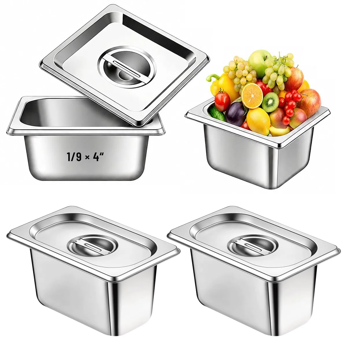 Set di 4 contenitori acciaio inox per alimenti GN 1/9, 17,6 x 10,8 x 10 cm, Contenitore Acciaio Inox per Alimenti con Coperchio, Impilabili, Adatti per Cotolette Carne Pesce Frutta Gelato Salsa