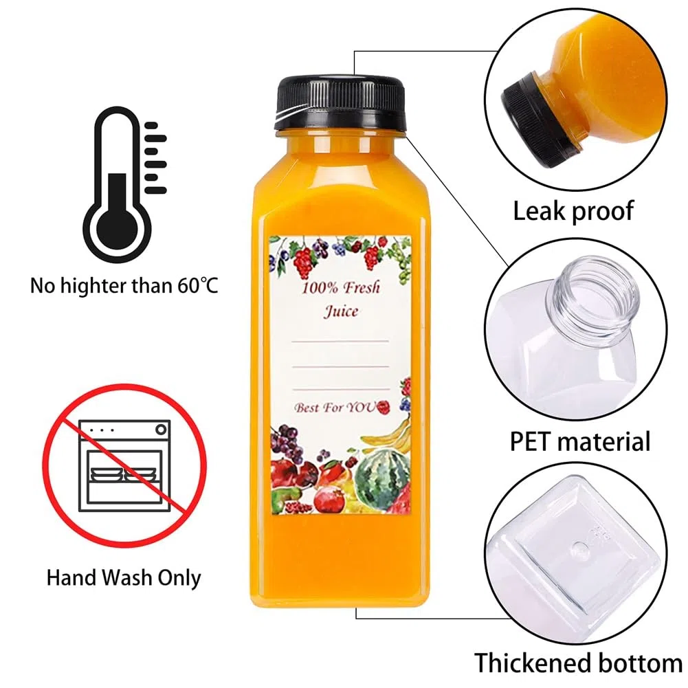 20 bottiglie di succo di plastica vuote da 12 oz con chiusure, bottiglie d'acqua riutilizzabili, contenitori trasparenti con coperchi neri a prova di manomissione