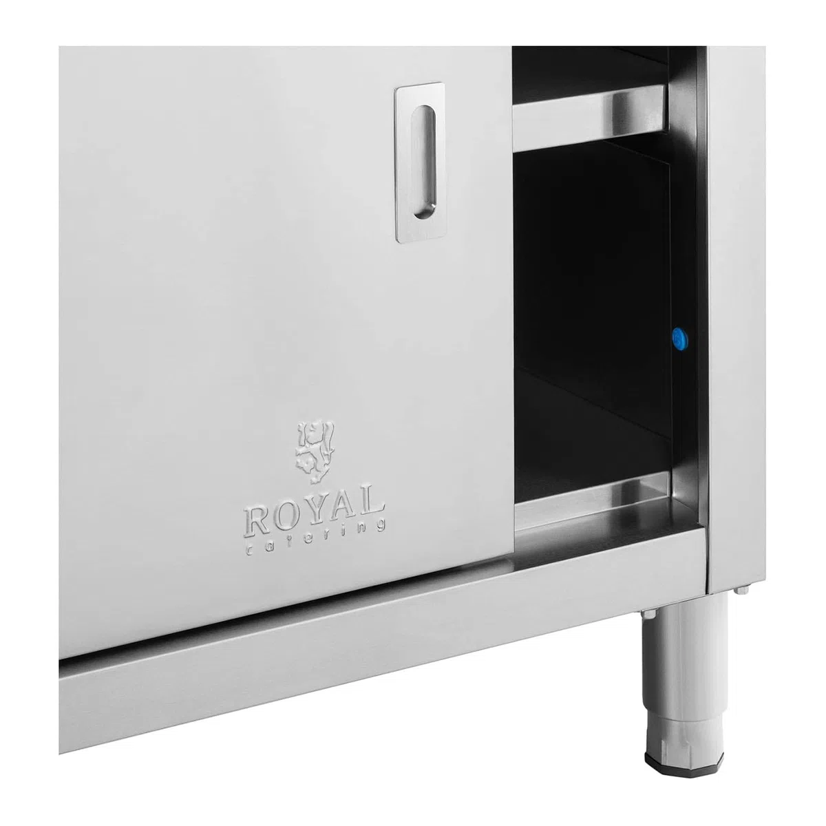 Royal Catering Tavolo Armadiato Acciaio Inox Banco Da Cucina Porte Scorrevoli RCSSCB-150x60-E (150 x 60 x 85 cm, 600 kg)