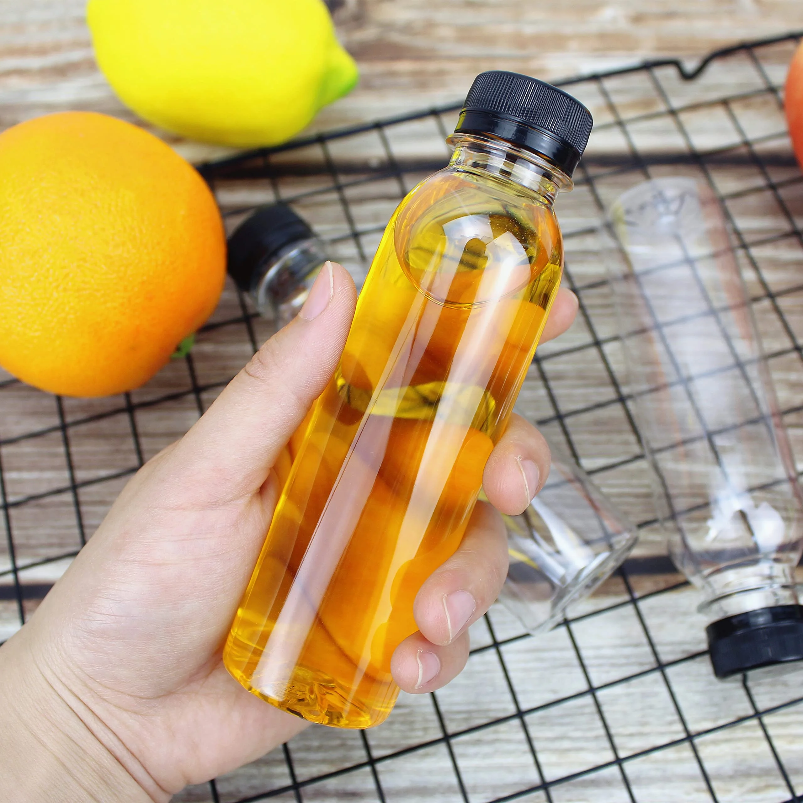 Confezione da 16 bottiglie trasparenti di succo, 150 ml, riutilizzabili, vuote, con coperchio, per succhi di latte, acqua e altre bevande, colore: nero
