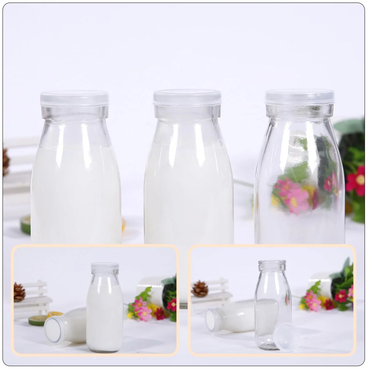 Toyvian Set 2 Bottiglie per Latte da 250ml in Vetro e Plastica Coperchio, Facili da Trasportare e Buona Tenuta, per Famiglie e Ristoranti