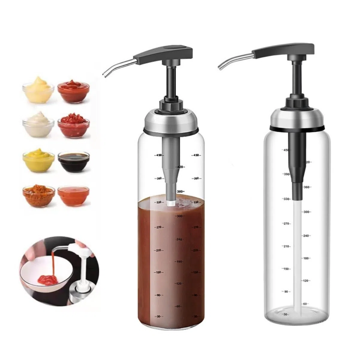 2 dispenser per salse in vetro, 500 ml, senza gocciolamento, pompe per uso alimentare per miele, sciroppi, olio, condimenti, condimenti per insalata e altro ancora