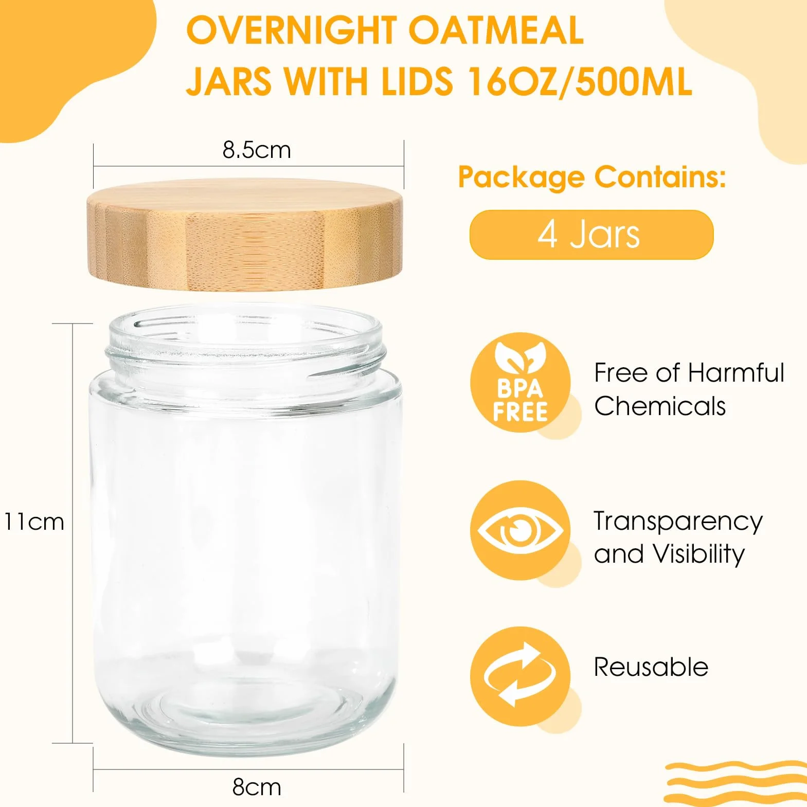 500ml Barattoli di Vetro con Coperchio in Legno,4 Pezzi Vasetto di Avena per la Notte,Contenitore Vetro per Yogurt,Overnight Oats Jar Vasetti per Yogurt,Vasetti per Marmellata,Insalate,Frutta