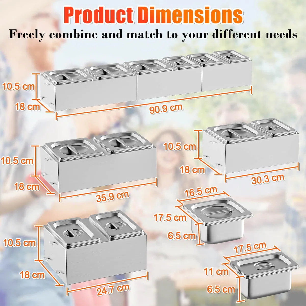GFTIME Stazione per condimenti per pizza in acciaio inox, contenitore per ingredienti per pizza, contenitore per contorni, rettangolare, multi-scomparto, 39 cm, confezione da 6