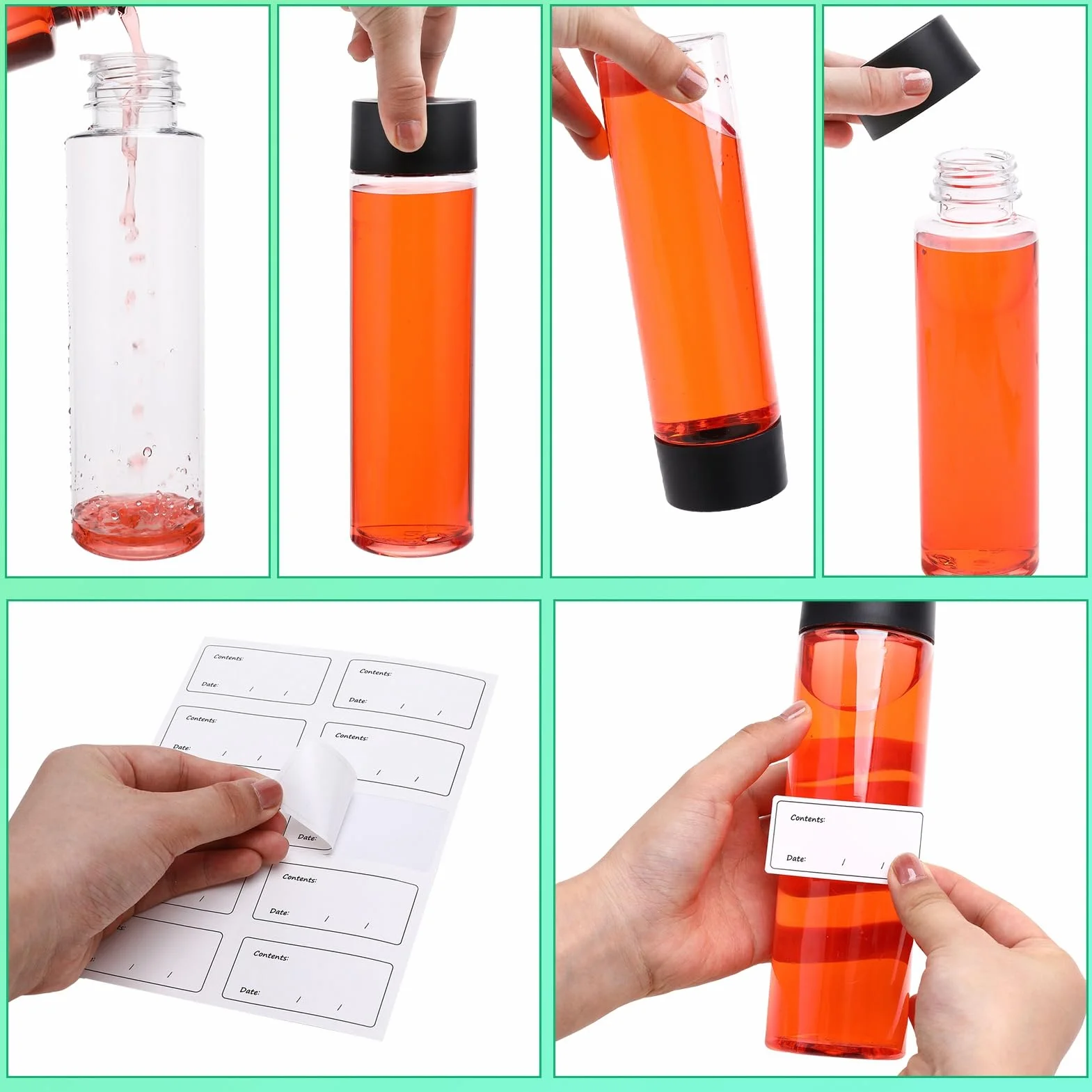 Lvefyti 6 bottiglie per smoothie da 400 ml, riutilizzabili, vuote per il riempimento, bottiglie di plastica con coperchio, adesivo imbuto, spazzola per la pulizia del succo, latte, frappè