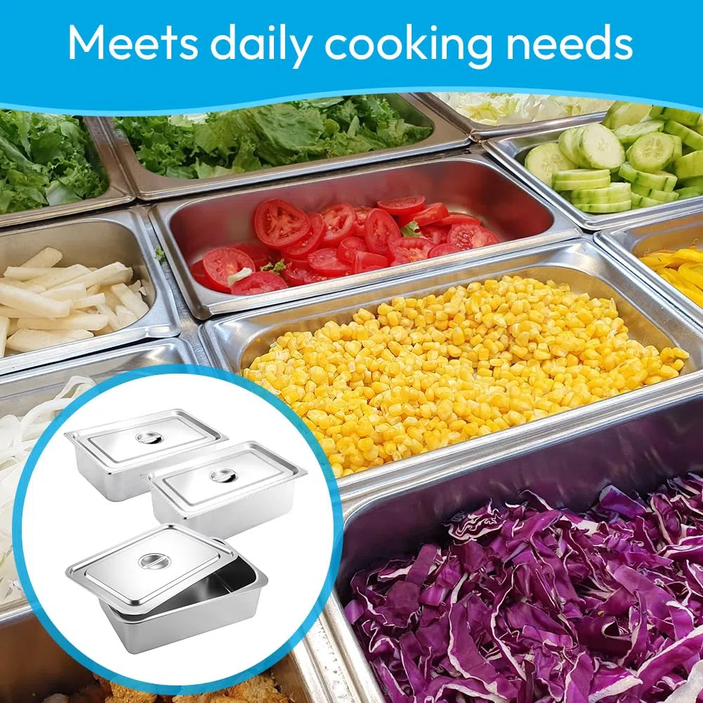 Set di 3 ciotole GN 1/3 in acciaio inox con coperchio, 32,5 x 17,5 x 6,5 cm, per alimenti caldi e freddi, padella buffet catering, facile da pulire