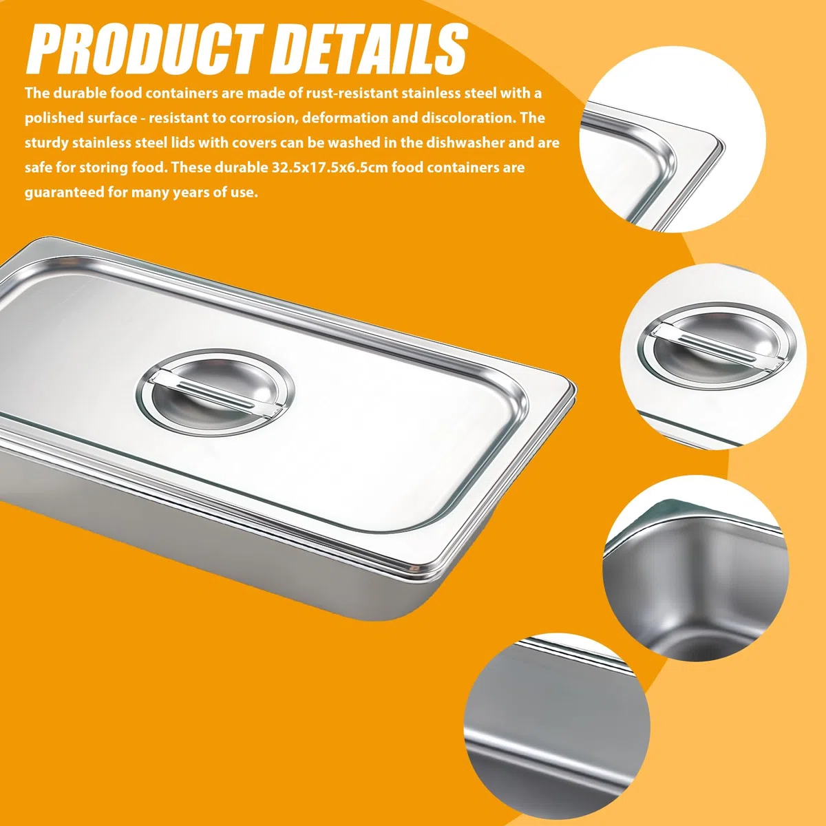 2 contenitori in acciaio inox con coperchio: contenitore per alimenti, 32,5 x 17,5 x 6,5 cm, set di vassoi per buffet catering per rivestire e servire cibo