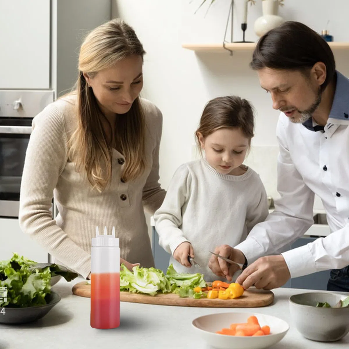 4 bottiglie da spremere con 3 beccucci, dispenser per salse da 24 oz con torsione sul coperchio, in plastica, per ketchup, maionese, senape, sciroppo di olio d'oliva