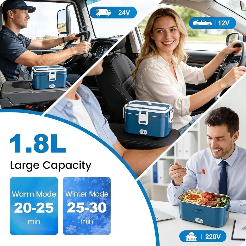 Anykuu Scaldavivande Elettrico Portatile 1.8L 100W, Porta Pranzo Termico 3 in 1(12V/24V/240V), Lunch Box Riscaldabile con Contenitore in Acciaio Inox Rimovibile e Borsa per Auto Camion Ufficio