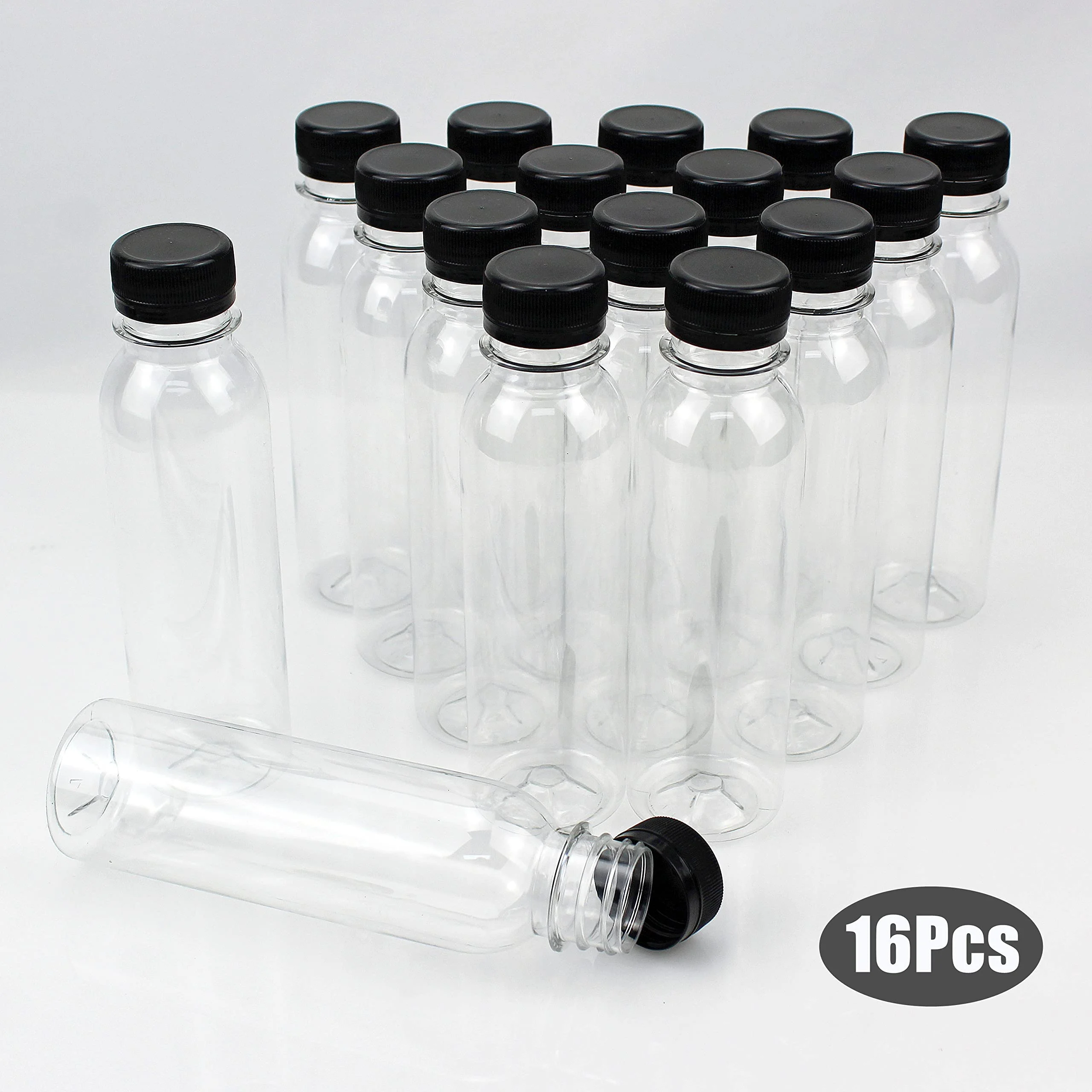 Confezione da 16 bottiglie trasparenti di succo, 150 ml, riutilizzabili, vuote, con coperchio, per succhi di latte, acqua e altre bevande, colore: nero
