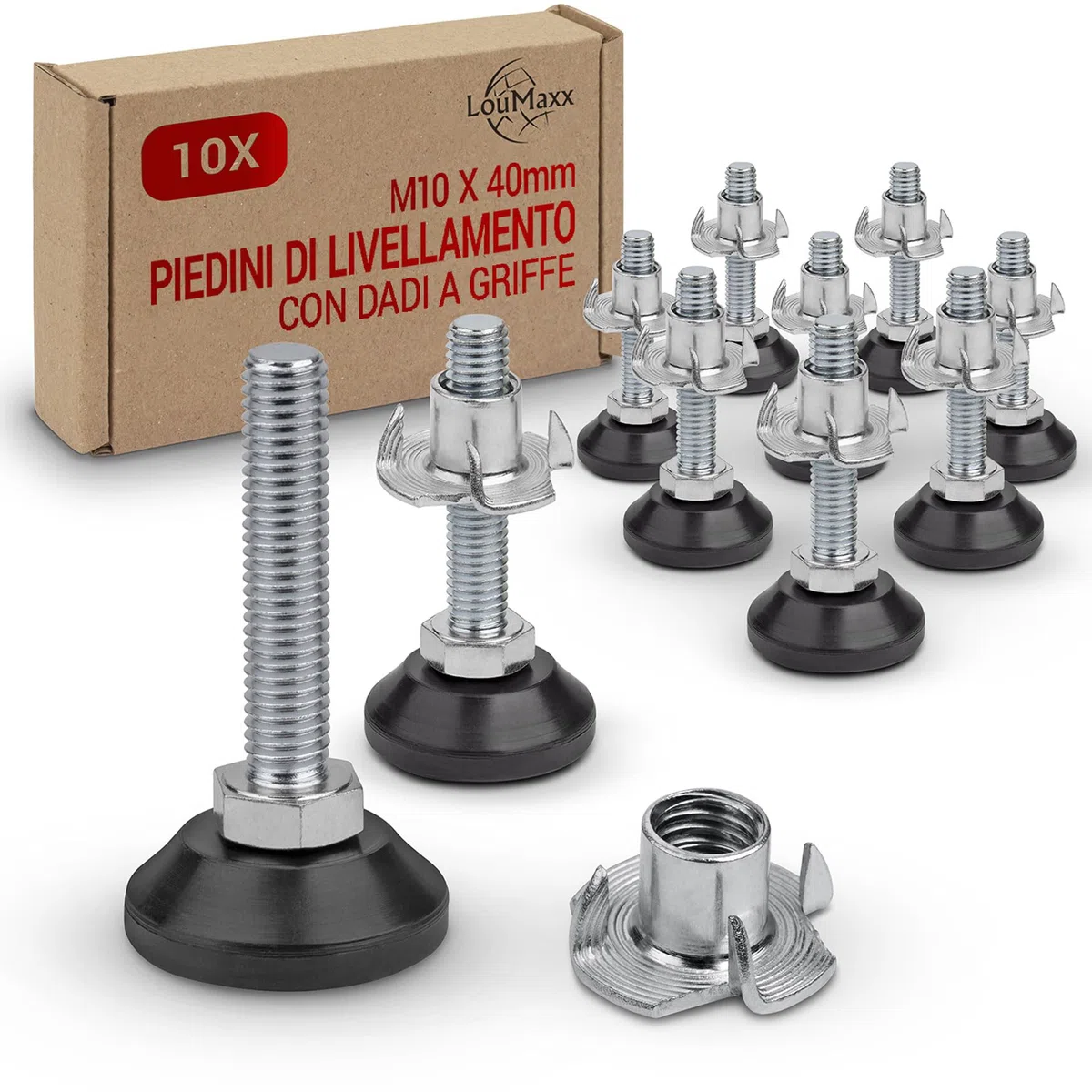 LouMaxx Piedini di Regolazione M10 x 40 mm Con Dado di Impatto, Set da 10 Pezzi, Vite di Regolazione, Piedini Regolabili in Altezza M10 x 40 mm