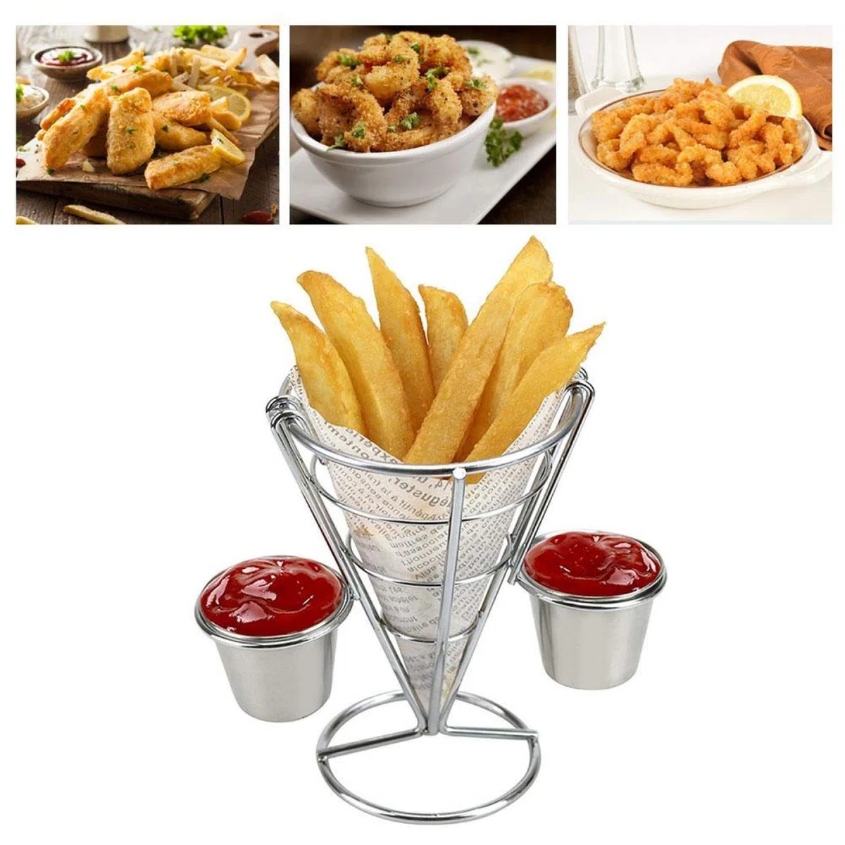 Tyenaza Supporto per Patatine Fritte, Cono Snack Fritto di Pollo Espositore Rack Fritture Alimenti Supporto Fry Chip Cestello in Metallo (Doppia Tazza)