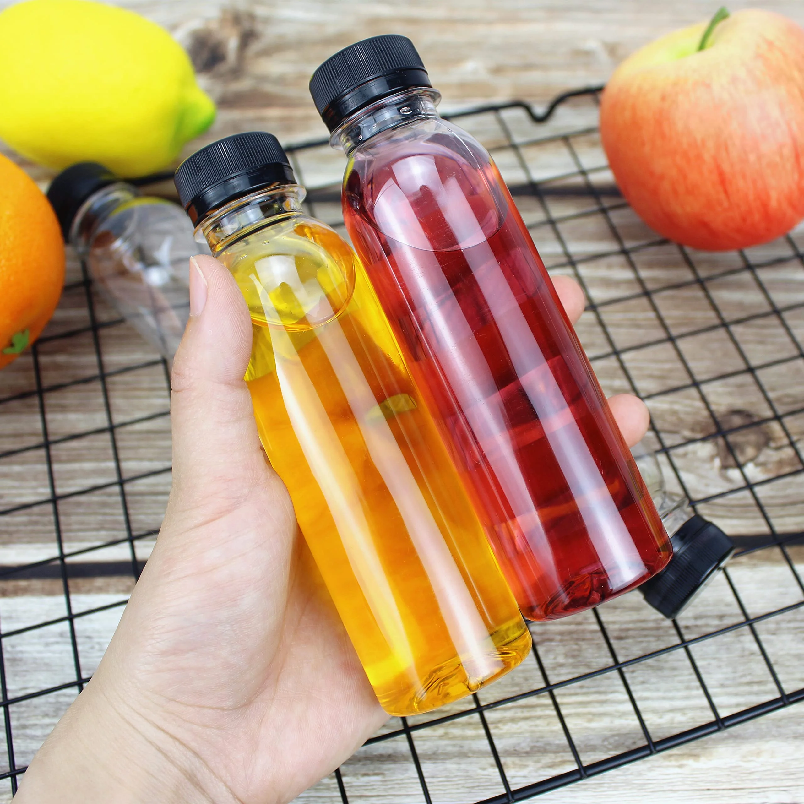 Confezione da 16 bottiglie trasparenti di succo, 150 ml, riutilizzabili, vuote, con coperchio, per succhi di latte, acqua e altre bevande, colore: nero