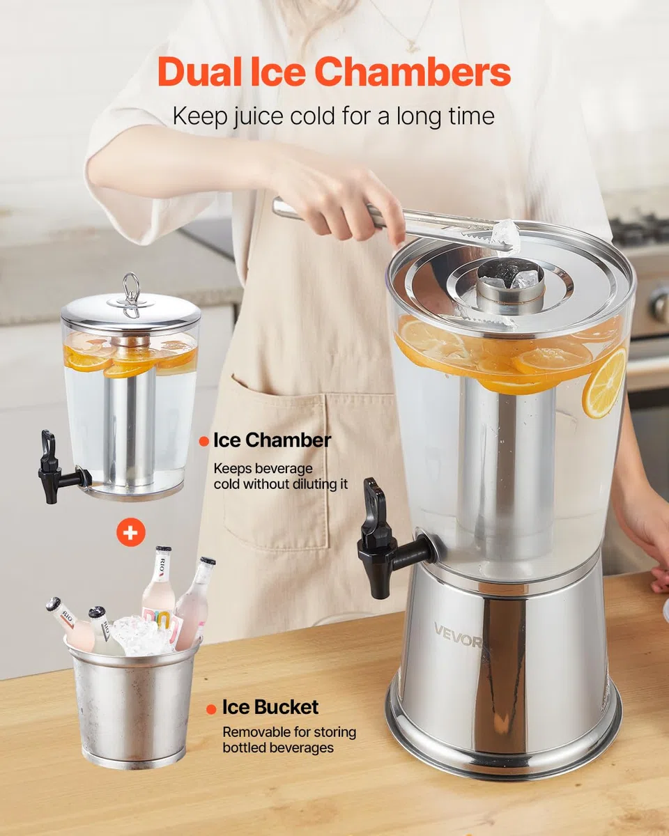VEVOR Distributore di Bevande, 8 L per Feste, Contenitore di Succhi in Acciaio Inox e Plastica con Rubinetto per Camera del Ghiaccio, Distributore di Tè, Limonata, Succo d'Acqua, per Ristoranti