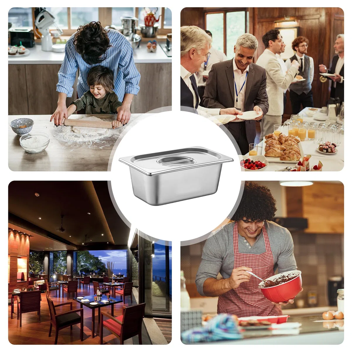 Set di 2 vaschette per il paniere in acciaio inox con coperchio, impilabili per ristoranti, feste di famiglia, accessori per la gastronomia (32,5 x 17,5 x 6,5 cm)