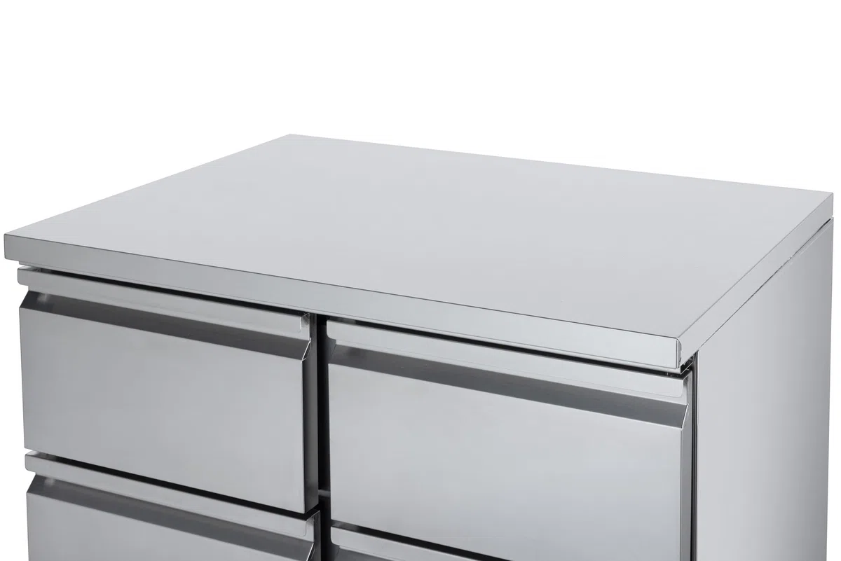 METRO Professional Banco Refrigerato GDS3600, in acciaio inox, 97 L, tavolo da lavoro, raffreddamento a ventola, con serratura, 220 W, 4 cassetti, argento