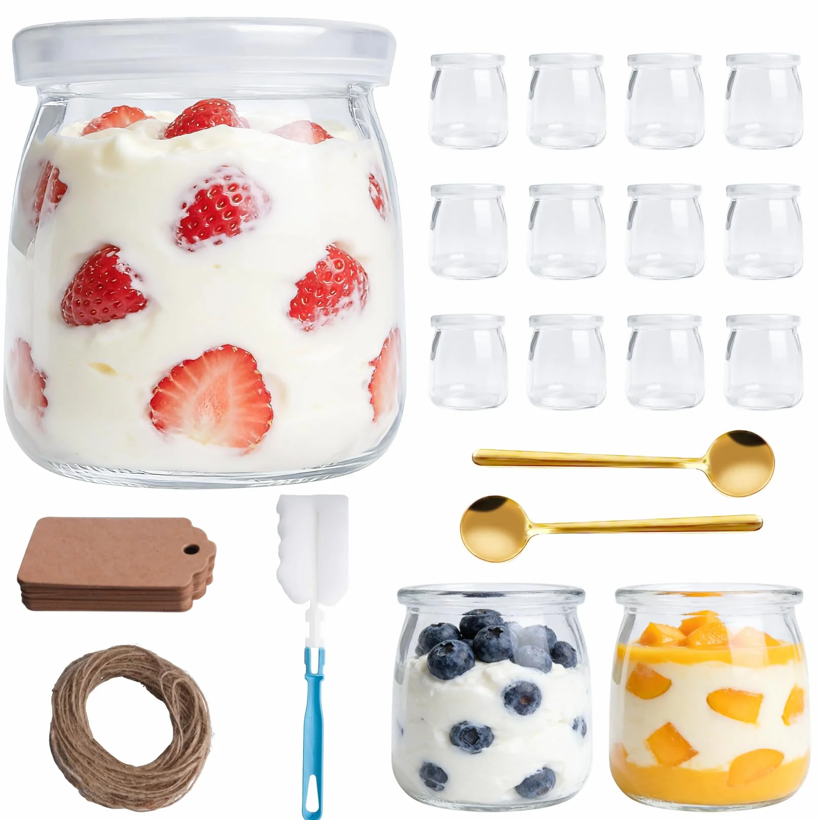 12 Pz Vasetti per Yogurt con Coperchio, 200 ml Barattolo Vetro con Coperchio, Bicchieri da Yogurt Trasparenti, Bicchieri da Dessert in Vetro per dessert, marmellata, muesli, mousse