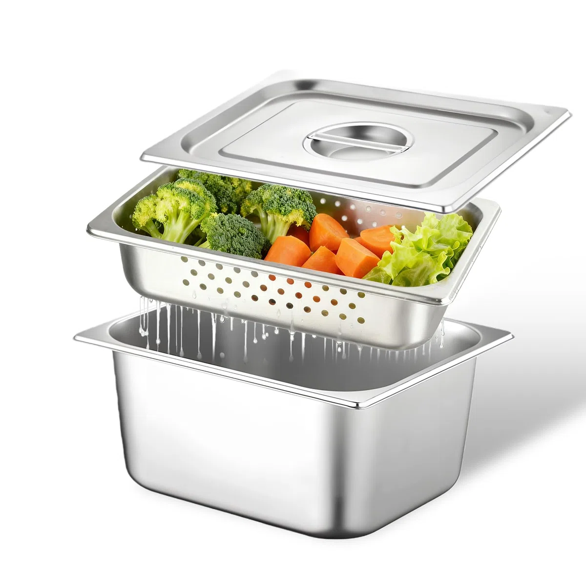 SUNOYA Contenitori Acciaio Inox, Contenitori In Acciaio Inox Con Coperchio E Fori Forati, Tavolo A Vapore In Acciaio Inossidabile, Acciaio Con Coperchio Per Lavare E Conservare Gli Alimenti