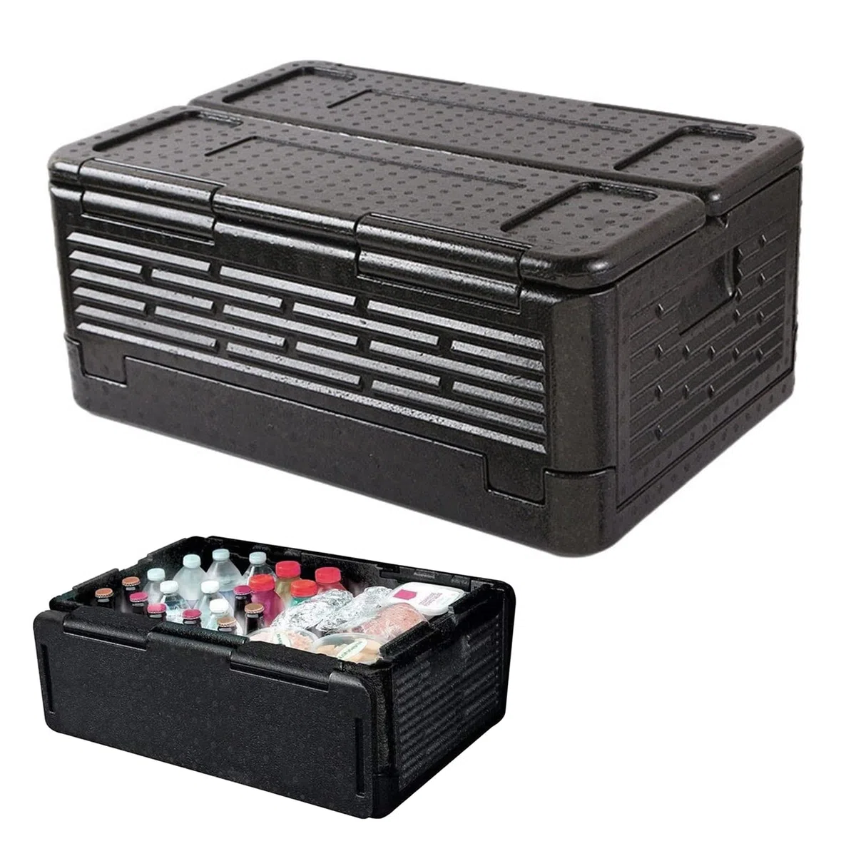 Scatola termica pieghevole da 40 l, in polistirolo, 60 x 41 x 25 cm, per cibo con coperchio integrato, multifunzionale, per campeggio, picnic, cibo e trasporto (nero)
