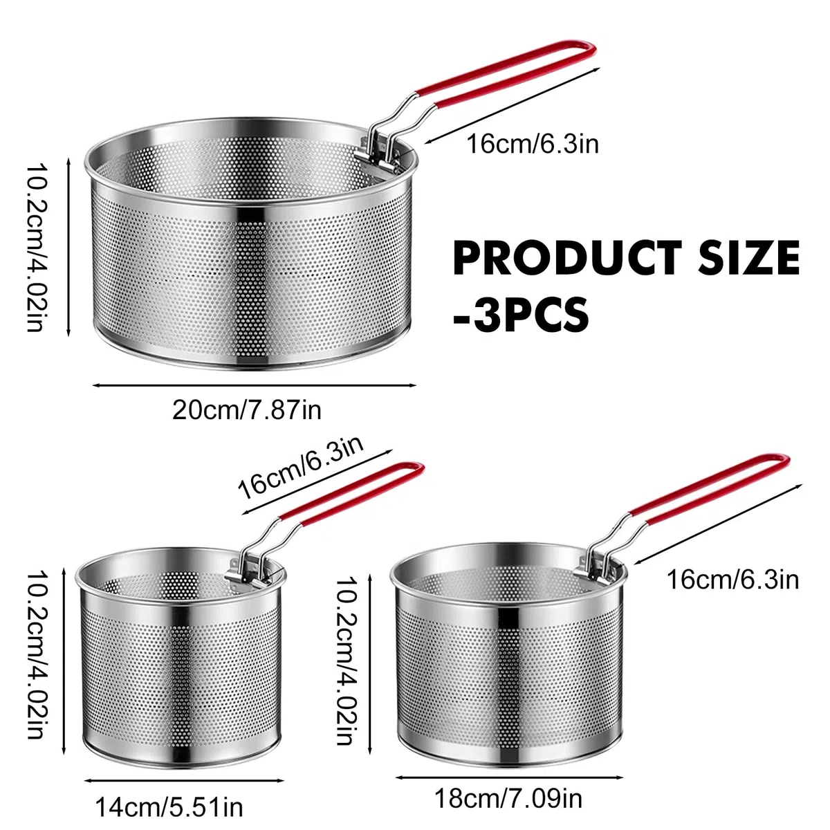 Cestello per friggere in acciaio inossidabile: 3 pezzi in acciaio inox, 14 cm+18 cm+20 cm, cestino per la pasta con maniglia, filtro da cucina, patatine fritte