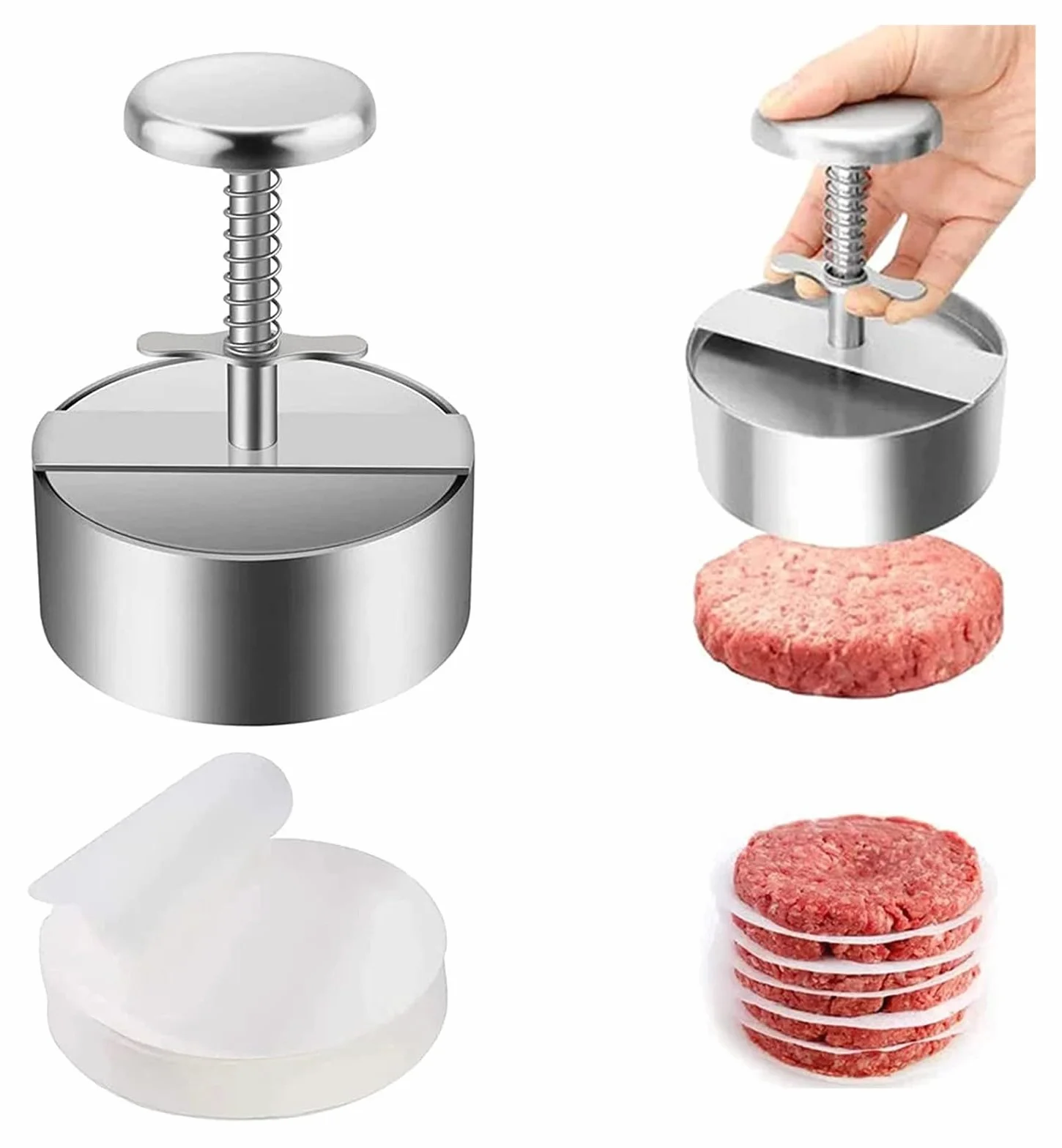 Pressa manuale per carne, pressa per slider, per tortini di hamburger con 100 pezzi di carta per tortini di hamburger - Stampi regolabili per tortini di hamburger, in acciaio inossidabile antiaderente