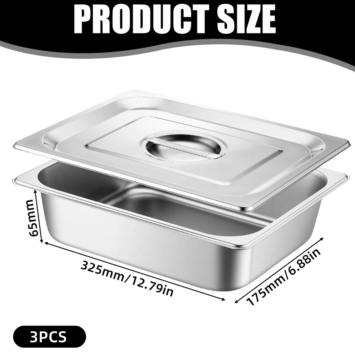 GOMETY Set di 3 ciotole per impanatura, contenitori GN 1/3, in acciaio inox, con coperchio, set di 3 ciotole per impanare, ideali per piatti e piatti da friggere, 32,5 x 17,6 x 6,5 cm