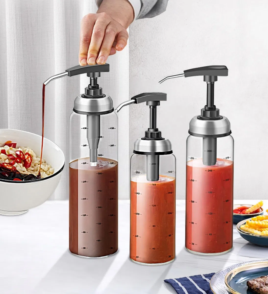 2 dispenser per salse in vetro, 500 ml, senza gocciolamento, pompe per uso alimentare per miele, sciroppi, olio, condimenti, condimenti per insalata e altro ancora