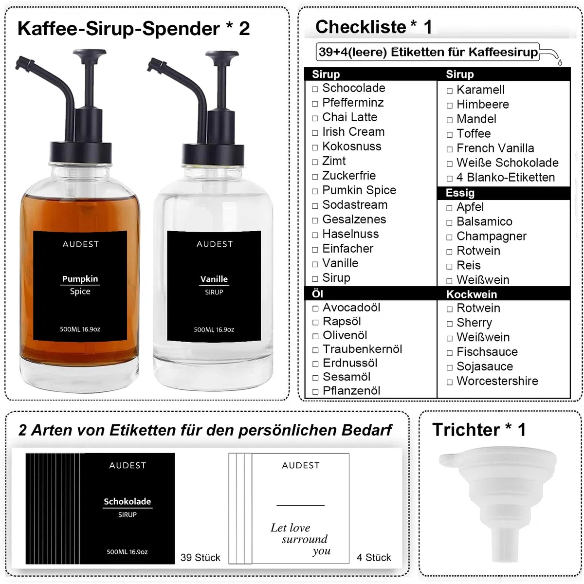 Set di dispenser in vetro per sciroppo di caffè, con 43 adesivi, imbuto, 500 ml (2, Nero, rotondo, 500 millilitri)