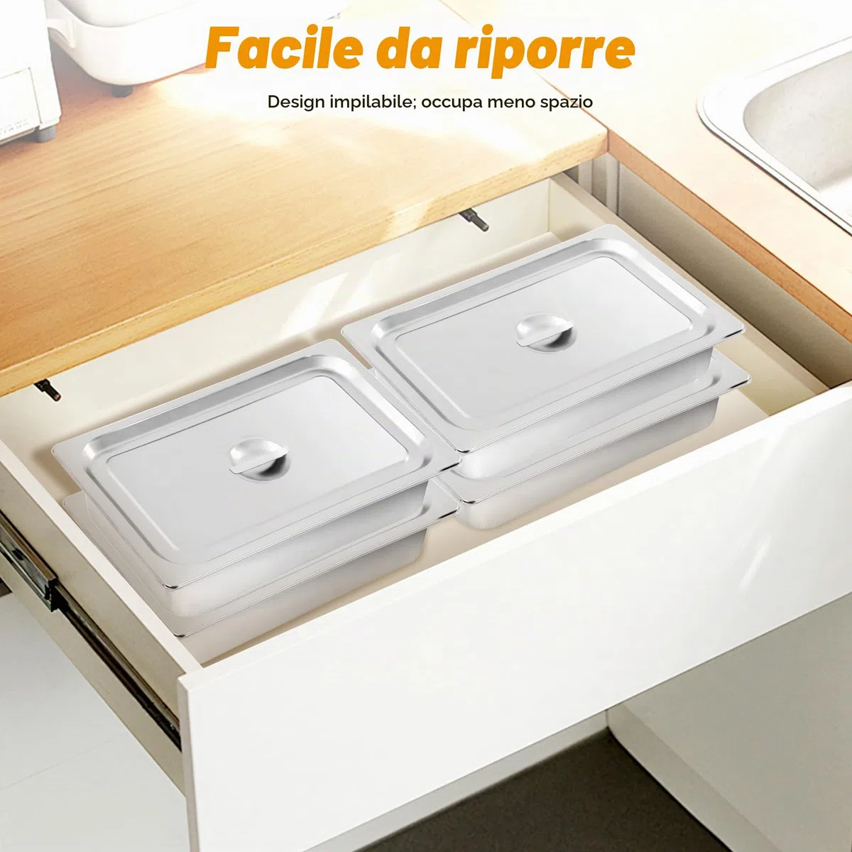 Treeisland Contenitori Gastronorm, 4 Contenitori in Acciaio Inox con Coperchio per Alimenti, Contenitori in Acciaio Inox per il Mantenimento in Calore di Cibi, Torte, Teglie per Hotel