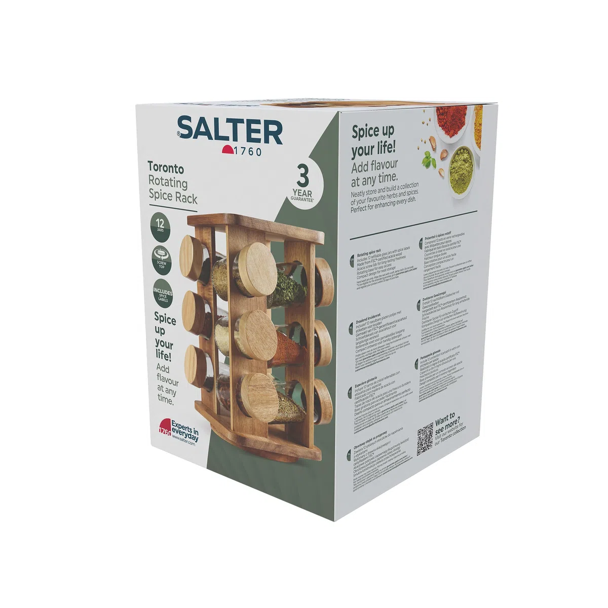 Salter Toronto Rotating Spice Rack – 12 Barattoli di Vetro Compatti Ricaricabili Inc. Etichette per Spezie, Coperchio a Vite, Legno di Acacia FSC e Coperchi a Vite, Freschezza Duratura, Base Girevole